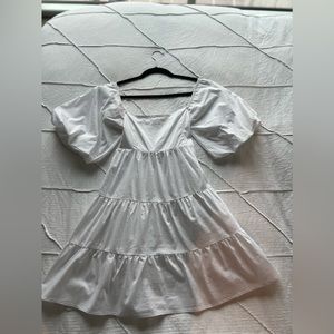 White puff sleeve dress with back bow and rouching - size small